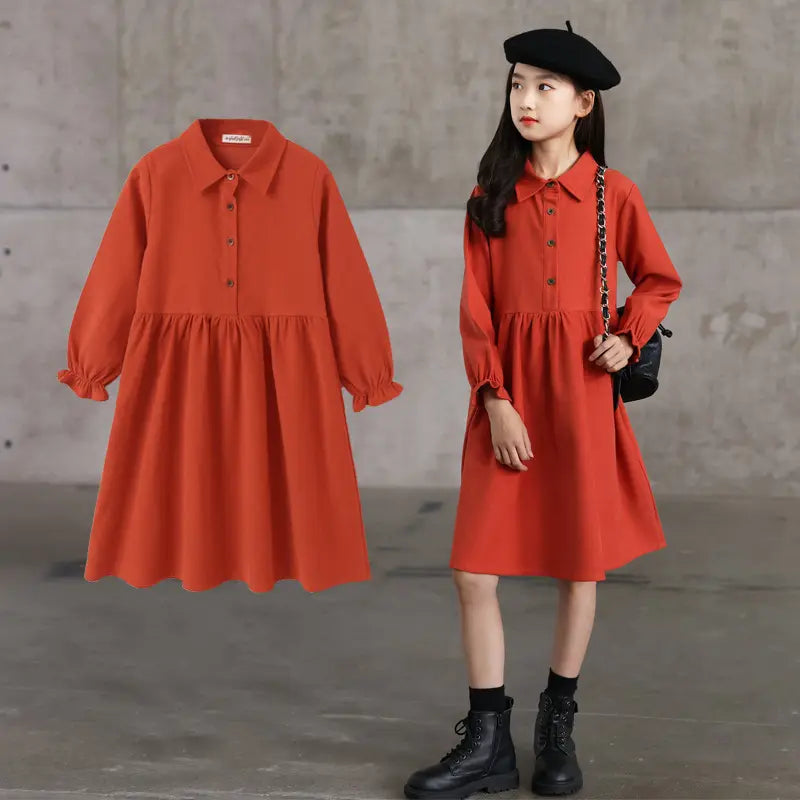 Girl School Warm Dress Long Sleeve Casual Dress 5-10Y